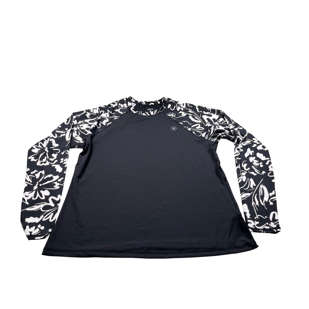 Hurley Women's Rash Guard Swim Top XL Black Floral UPF 50+ Long Sleeve